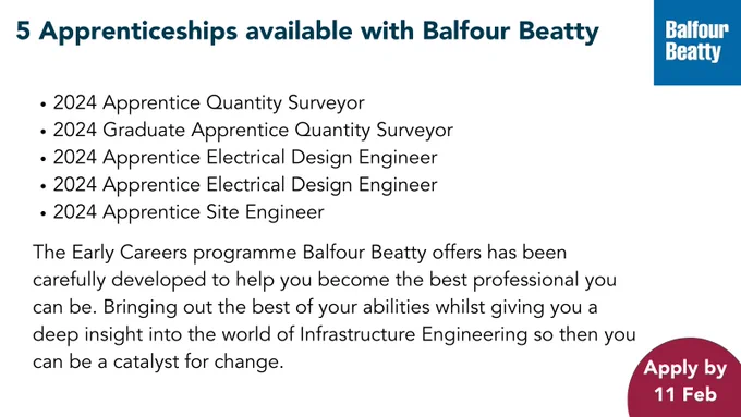 apprenticeships with balfour beatty - apply by 11 Feb