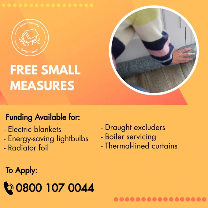 Colourful poster of free small measures information with picture of a hand on a draught excluder.