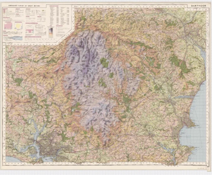 Ordnance Survey one-inch to the mile tourist map of Dartmoor, published 1973