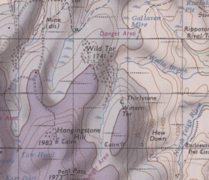 detail of Wild Tor and Hanginstone Hill from Ordnance Survey one-inch to the mile map of Dartmoor, 1973