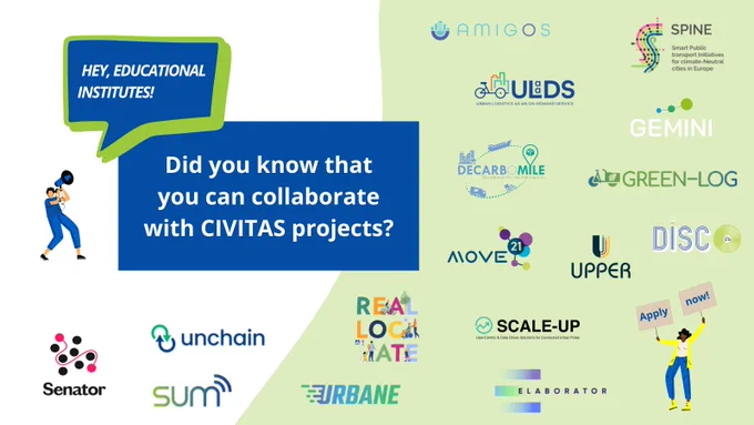 Promotional card for newest CIVITAS opportunity. Text reads, "Hey Educational Institutes! Did you know that you can collaborate with CIVITAS projects?". Beside the text are all of the logos of the active 16 CIVITAS projects.