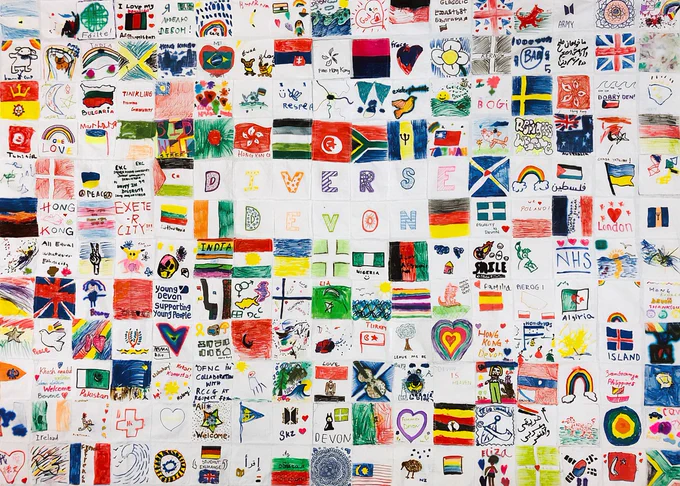 A colourful patchwork of images of flags and places to reflect diversity.
