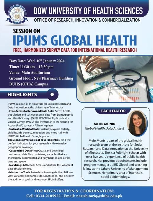 Image with text describing the IPUMS Global Health Session that was held at Dow University of Health Sciences  on Jan 10th