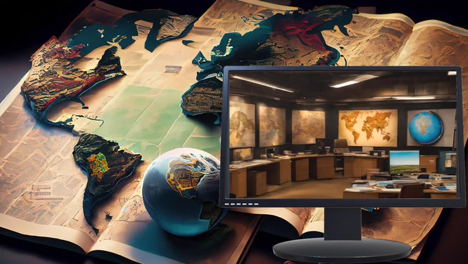 Large maps and a globe cover the background. Computer screen on the right shows the same image in an office environment with desks in a semi-circle.