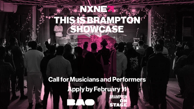 a graphic promoting the call for musicians and performers for the 2024 NXNE This Is Brampton Showcase. The deadline to apply is February 11, 2024. The image is of a concert audience watching the stage from behind at the Drake Underground with a pink overlay. At the bottom of the graphic is the logo for the Brampton Arts Organization and Brampton On Stage.