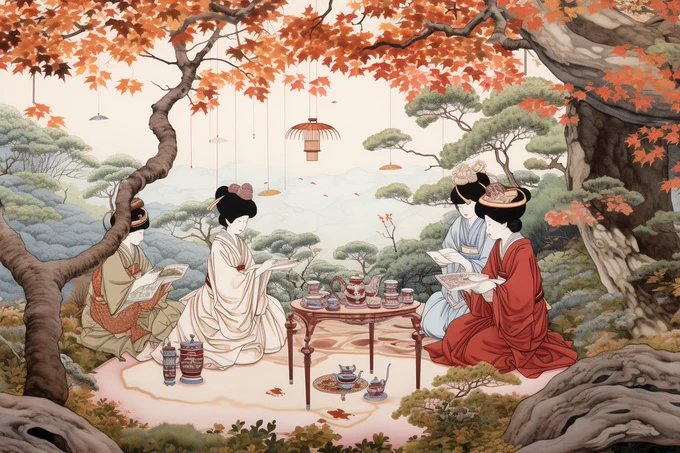 a tranquil garden scene with a tea ceremony in progress under the shade of maple trees