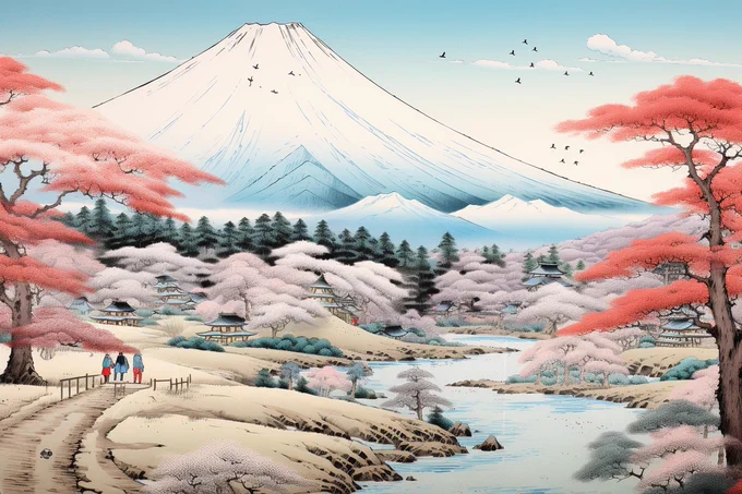 a serene mountain landscape with Mount Fuji in the background, villagers walking along a winding path