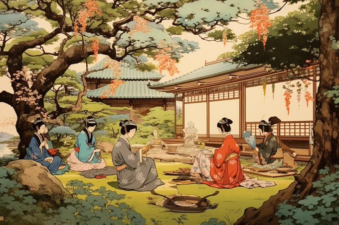 a tranquil garden scene with a tea ceremony in progress under the shade of maple trees
