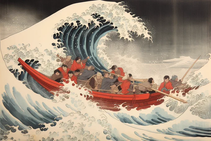 a dramatic ocean wave scene with fishermen braving the rough seas in small boats