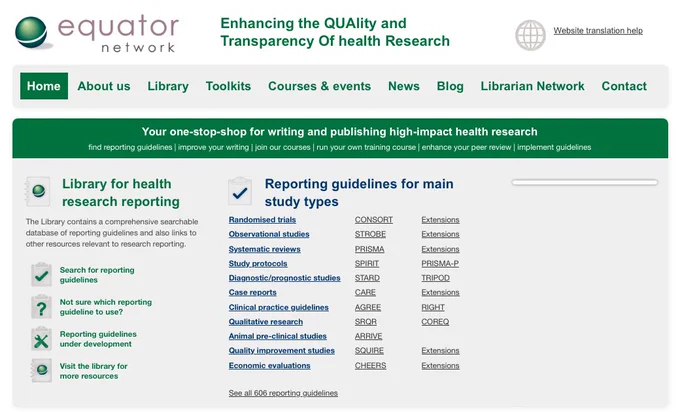 Screenshot of the EQUATOR Network website - the international home of transparent reporting of health research