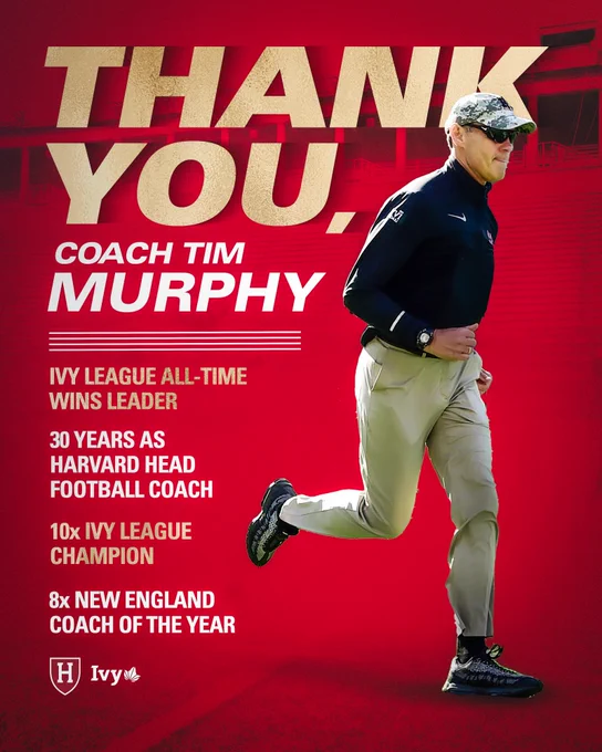 Thank you, Coach Tim Murphy. Ivy League All-Time Wins Leader. 30 Years as Harvard Head Football Coach. 10x Ivy League Champion. 8x New England Coach of the Year.