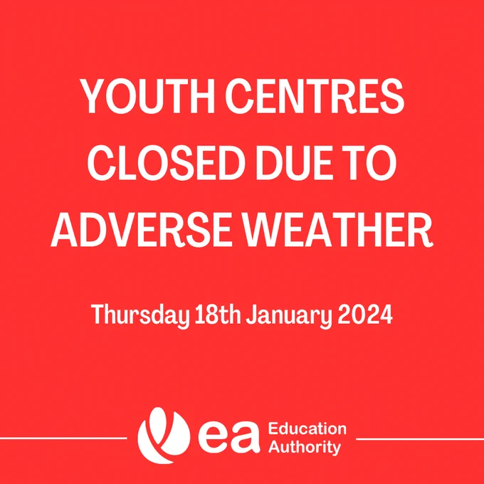 Bright red poster with the words Youth Centres closed due to adverse weather. The EA logo is at the bottom of the poster.