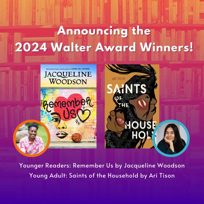 In the background, there is a photo of a bookshelf. In the foreground, there is a book cover of the novel Remember Us by Jacqueline Woodson and a book cover of the novel Saints of the Household by Ari Tison. The authors' headshots are included in the foreground as well.