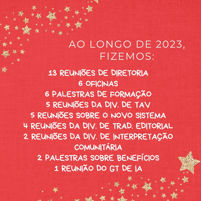 AO LONGO DE 2023, FIZEMOS:
13 REUNIÕES DE DIRETORIA
6 oficinas 
6 PALESTRAS de formação
5 reuniões da div. de tav
5 reuniões sobre o novo sistema
4 reuniões da div. de trad. editorial
2 reuniões da div. de interpretação comunitária
2 palestras sobre benefícios
1 reunião do gt de ia
