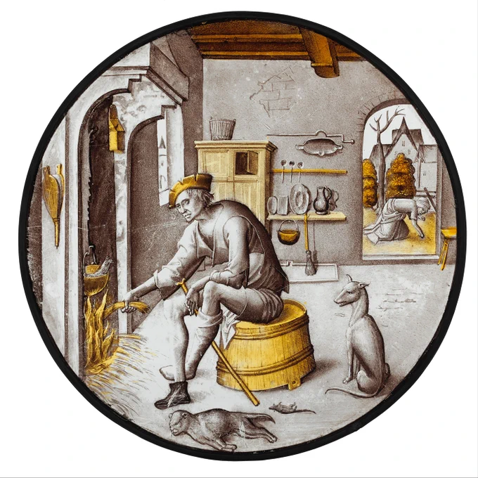 Sorgheloos in Poverty
Colorless glass, vitreous paint, and silver stain
Netherlands, 1510–20
The Metropolitan Museum of Art, The Cloisters Collection, New York, 1999.243. © The Metropolitan Museum of Art. Image source: Art Resource, NY