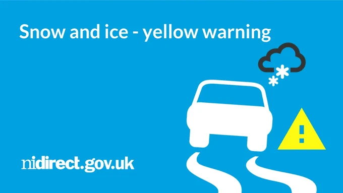 Illustration of a snow weather symbol, a car skidding, and a yellow warning triangle: Snow and ice - yellow warning