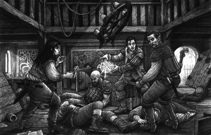A fight scene from the Zweihander Reforged book. A woman with brass knuckles stares down a number of other fighters in a tavern.