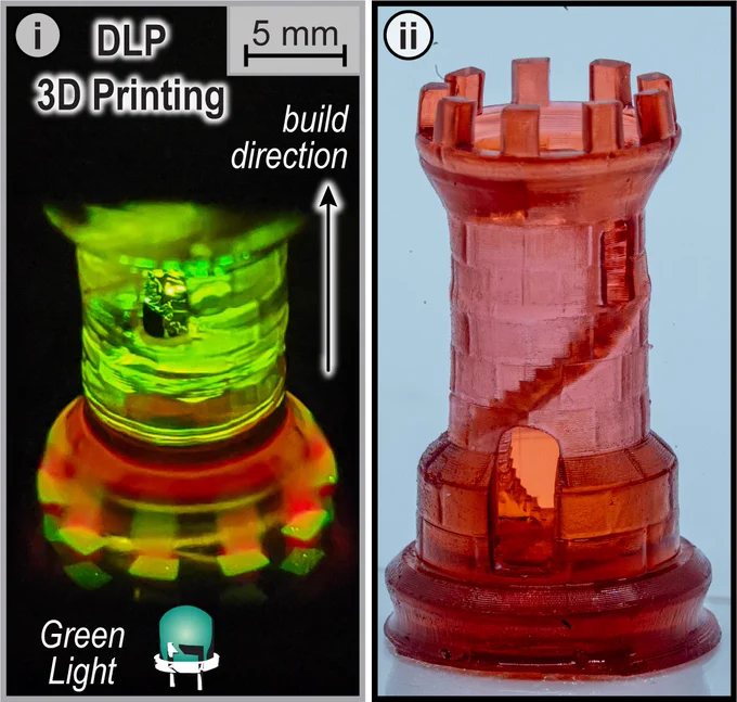 Image of a rook chess piece during and after 3D printing.