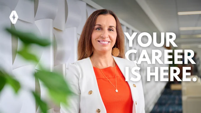 Smiling woman with long, straight hair wearing an orange dress and white jacket. Text on image is "Your career is here."
