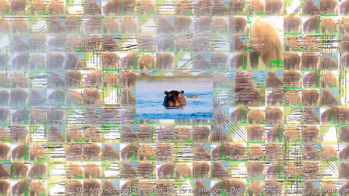 Image of a hippopotamus in the center, and behind it there's a pattern of a repeated blurry image of what could be a horse (but it's not visually clear). 