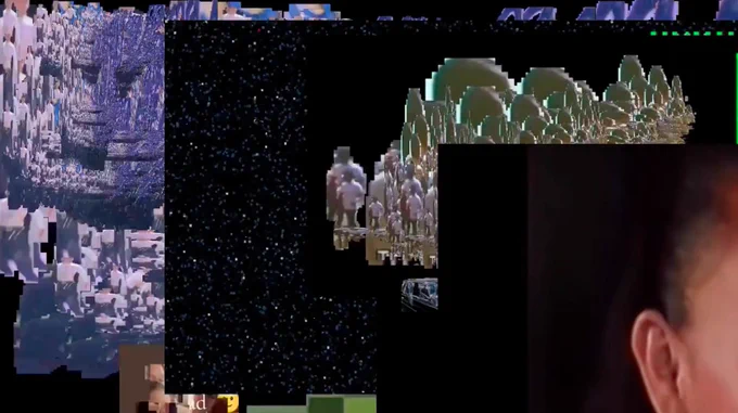 Images are smeared over the screen, there's no clear form, it's more like a collage. There's colors like purple, greens and black. 