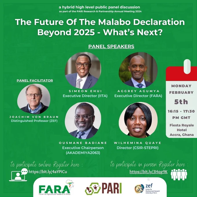 FARA invites you to participate in this public discussion convened as part of the PARI Research and Partnership Annual Meeting. The discussion offers the opportunity to gather civil society's opinion on topical issues in Africa agriculture. This year's discussion will address the Malabo Declaration on the Comprehensive Africa Agricultural Development Program (CAADP); the Malabo Declaration ends in 2025. It is time to review the progress on the key indicator of the declaration and draw lessons to inform the next steps. While the Africa Union Commission has commenced developing the post-Malabo action, the question is what should be the content of the new effort and what specific issues we must tackle to ensure a sustainable 