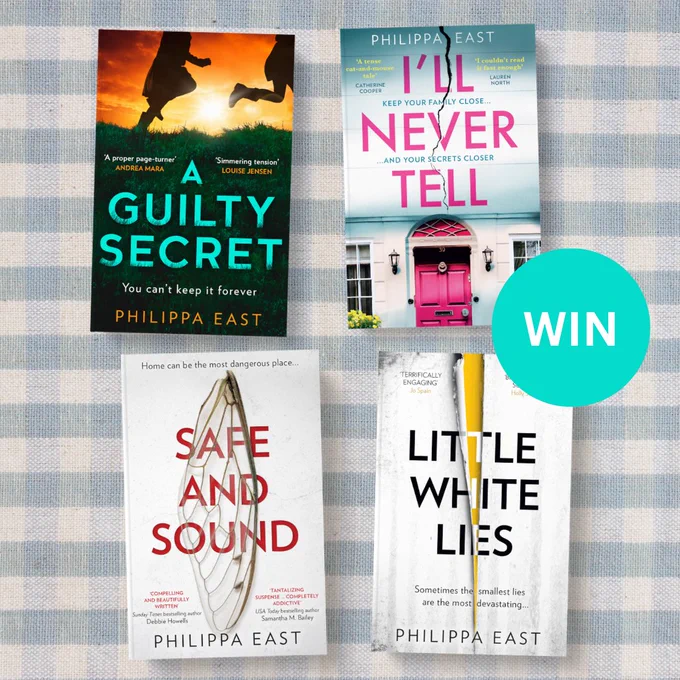 Book covers of A GUILTY SECRET, I'LL NEVER TELL, SAFE AND SOUND and LITTLE WHITE LIES on a gingham background. A blue circle contains the text 'WIN'.