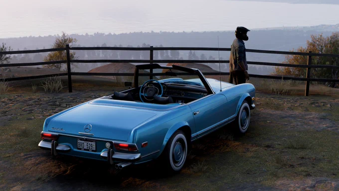 A 1967 Mercedes-Benz 280 SL finished in my interpretation of Vivante Green parking at the scenic overlook across from the Hotel Mirador Balderrama in Forza Horizon 5.