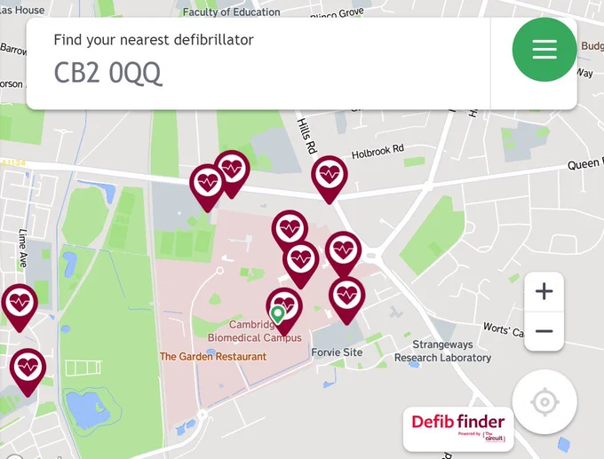 A screenshot of a map for CB2 0QQ on https://www.defibfinder.uk/ demonstrating the location of AED's at CUH