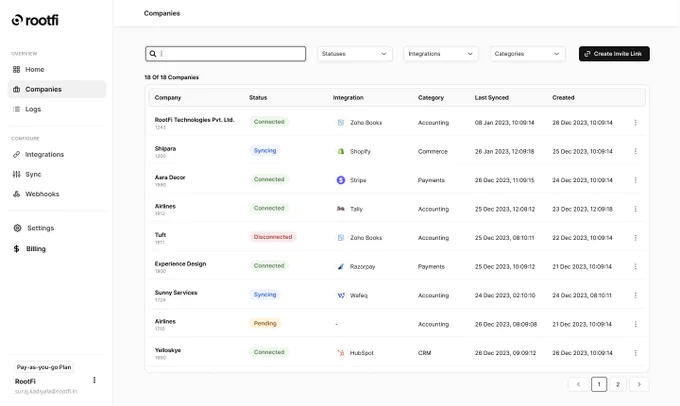Screenshot of the new RootFi dashboard with accounting integrations and two new categories- payments integrations and e-commerce integrations.