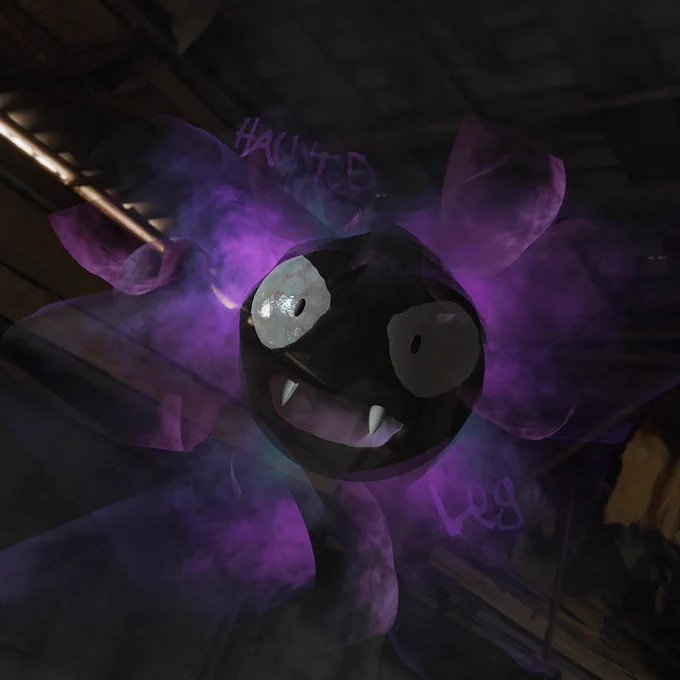Swirling purple ball of gas Pokémon Gastly leaps out to startle the viewer in a spooky, abandoned building