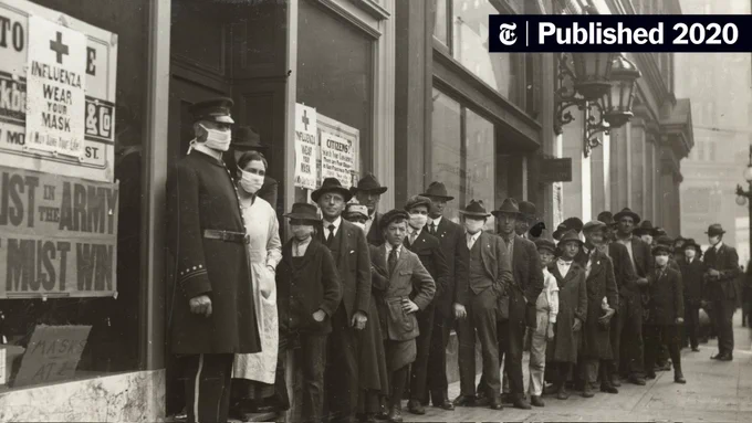 People with masks during 1918 flu pandemic. 