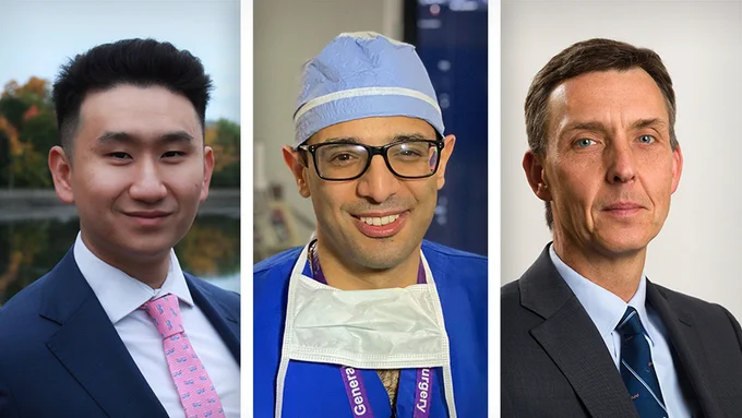 Collage of three male researchers. Two are wearing a suit and the other wearing clinical scrubs.