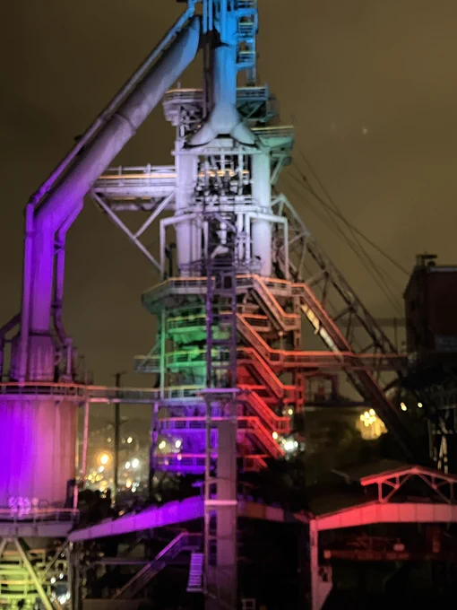 Blast furnace floodlit in many colours. Sestao in the Basque Country