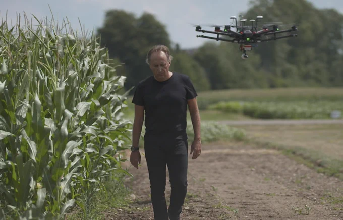 Bruno Basso in a corn field with drone.