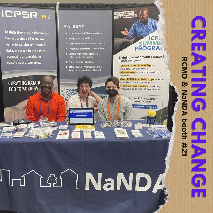 Exhibitors with a participant at the ICPSR booth at the Creating Change Conference 2024