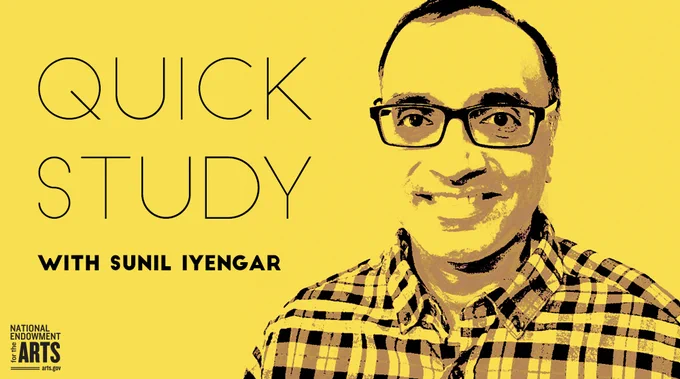 photo of Sunil Iyengar, who is a South Asian man. He has on glasses and a checked shirt. There is text that says Quick Study with Sunil Iyengar. The whole graphic is in a yellow monotone.
