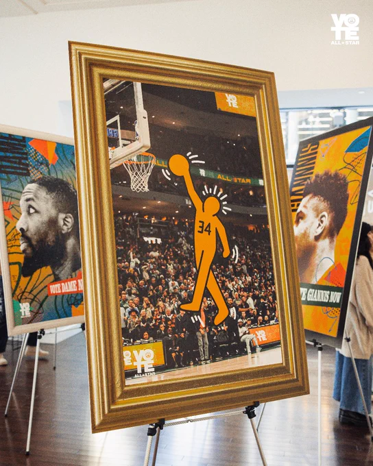 A photo of Giannis Antetokounmpo and Damian Lillard All-Star posters on display at the Milwaukee Institute of Art & Design.