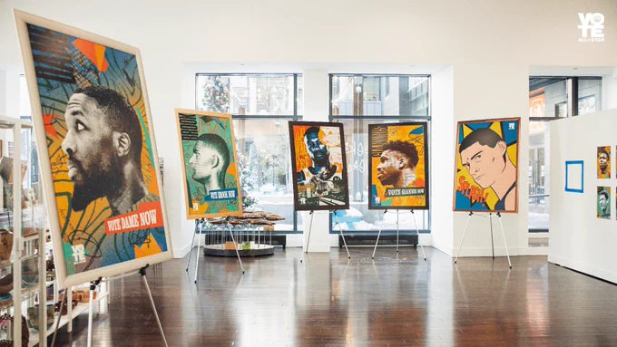 A photo of Giannis Antetokounmpo, Damian Lillard, and Brook Lopez All-Star posters on display at the Milwaukee Institute of Art & Design.