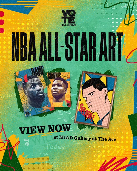 A teal and yellow All-Star themed graphic featuring stylized posters of Damian Lillard, Giannis Antetokounmpo, and Brook Lopez. Text on the graphic reads, "NBA All-Star art. View now at MIAD Gallery at The Ave."