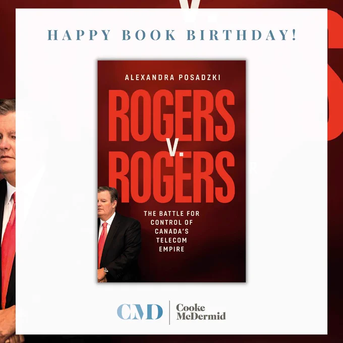 The cover for Rogers V. Rogers is a gradient of red; bright red in the centre and darkening going outwards. Half a photo of Edward Rogers the third is at the bottom-left corner of the cover. The book’s subtitle is: The Battle for Control of Canada’s Telecom Empire. 