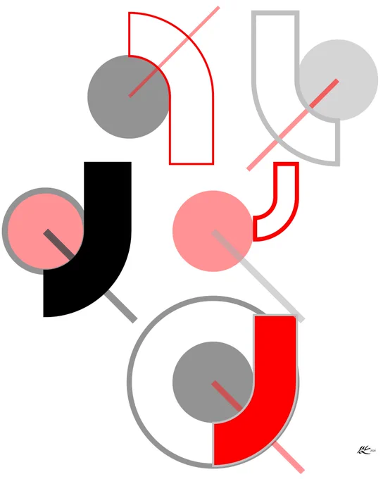 Several smooth bends combine with circles and radial lines to cover the canvas. Red, black, silver.