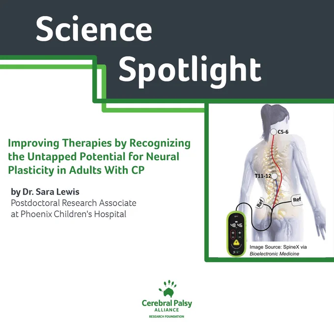 header text that says "Science Spotlight: Science Spotlight: Improving Therapies by Recognizing the Untapped Potential for Neural Plasticity in Adults With CP." An image of a body with the spinal cord highlighted.