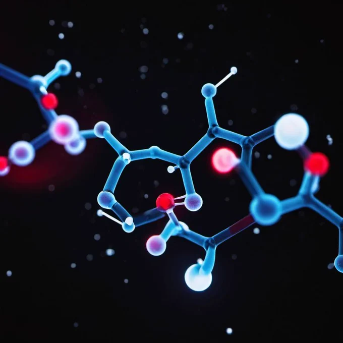 AI generated image of a molecule, blue connectors, red and white dots on a black background.
