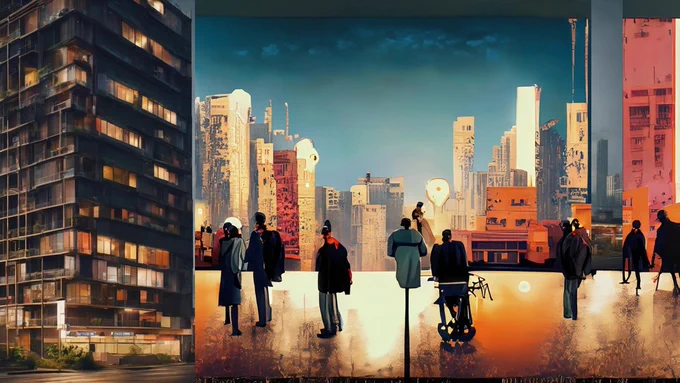 City scape at night, with variety of different people in the town square, some in silhouette.