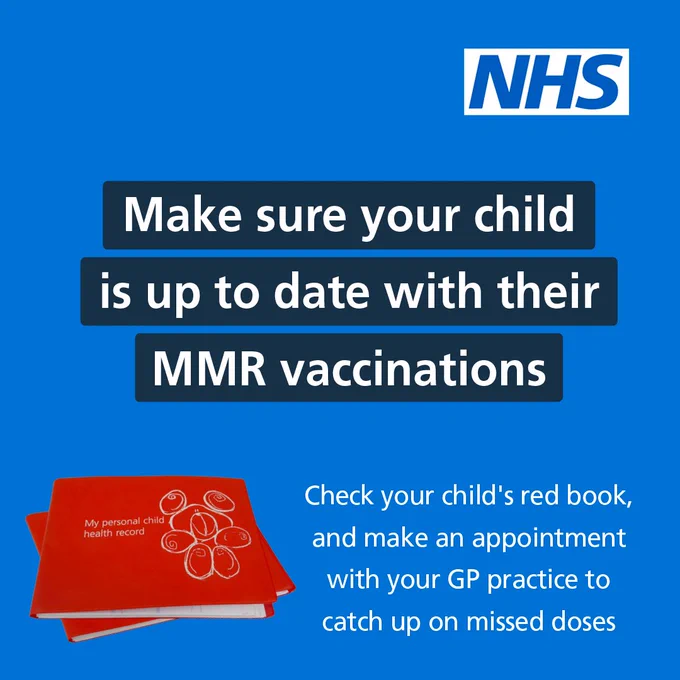 Illustration of a child's red book. 

The text reads "Make sure your child is up to date with their MMR vaccinations. Check your child's red book, and make an appointment with your GP practice to catch up on missed doses."

The NHS logo is in the top right hand corner.