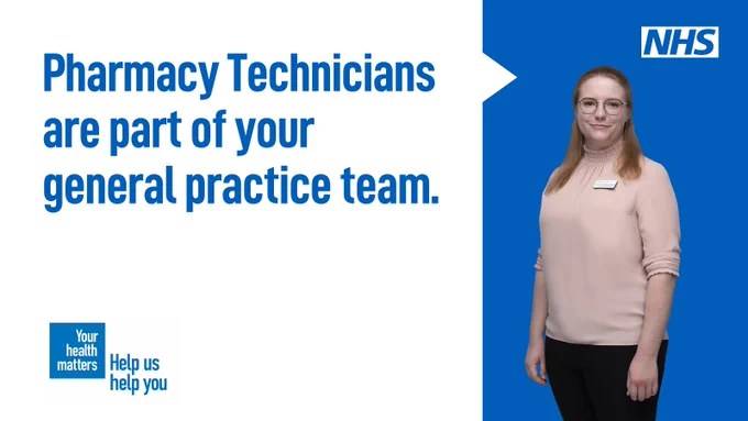 Photo of female pharmacy technician. Caption reads: Pharmacy Technicians are part of your general practice team. 