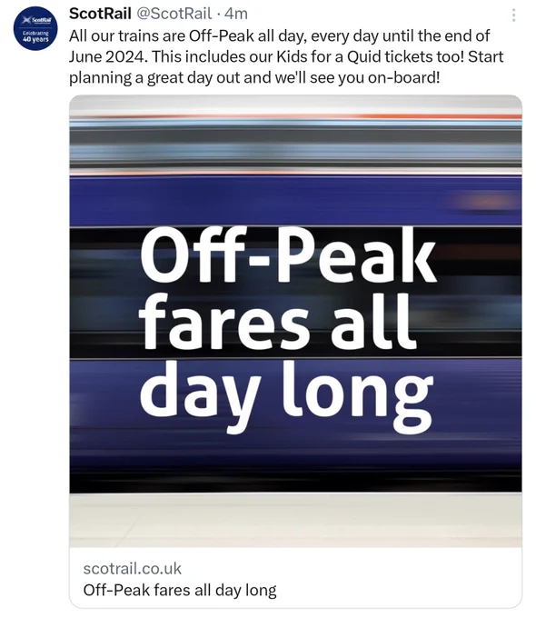 a screenshot of a tweet from ScotRail saying "off peak fares, all day long"