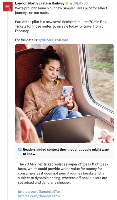 a screenshot of a tweet from LNER pitching their limited ticket trial, linking to a "for full details" page and with a pretty damning community note explaining how it's a pretty bad deal all round