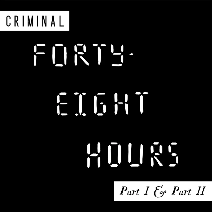 A black and white illustration of the words "Forty-eight hours" written as they would be on a digital clock, plus the words "Criminal" and "Part I and Part II."